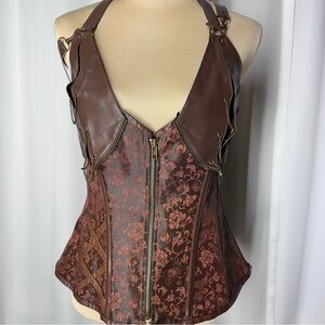Steampunk Corset Sz 3XL Faux Leather Damask Lace Back Zip Front Renaissance